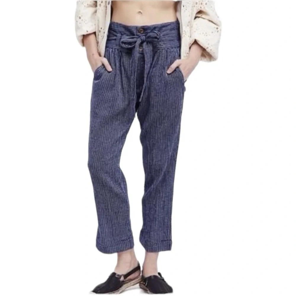Free People Blue Rumors Yarn Dye Harem Belted Coastal Bohemian Pants Size 6